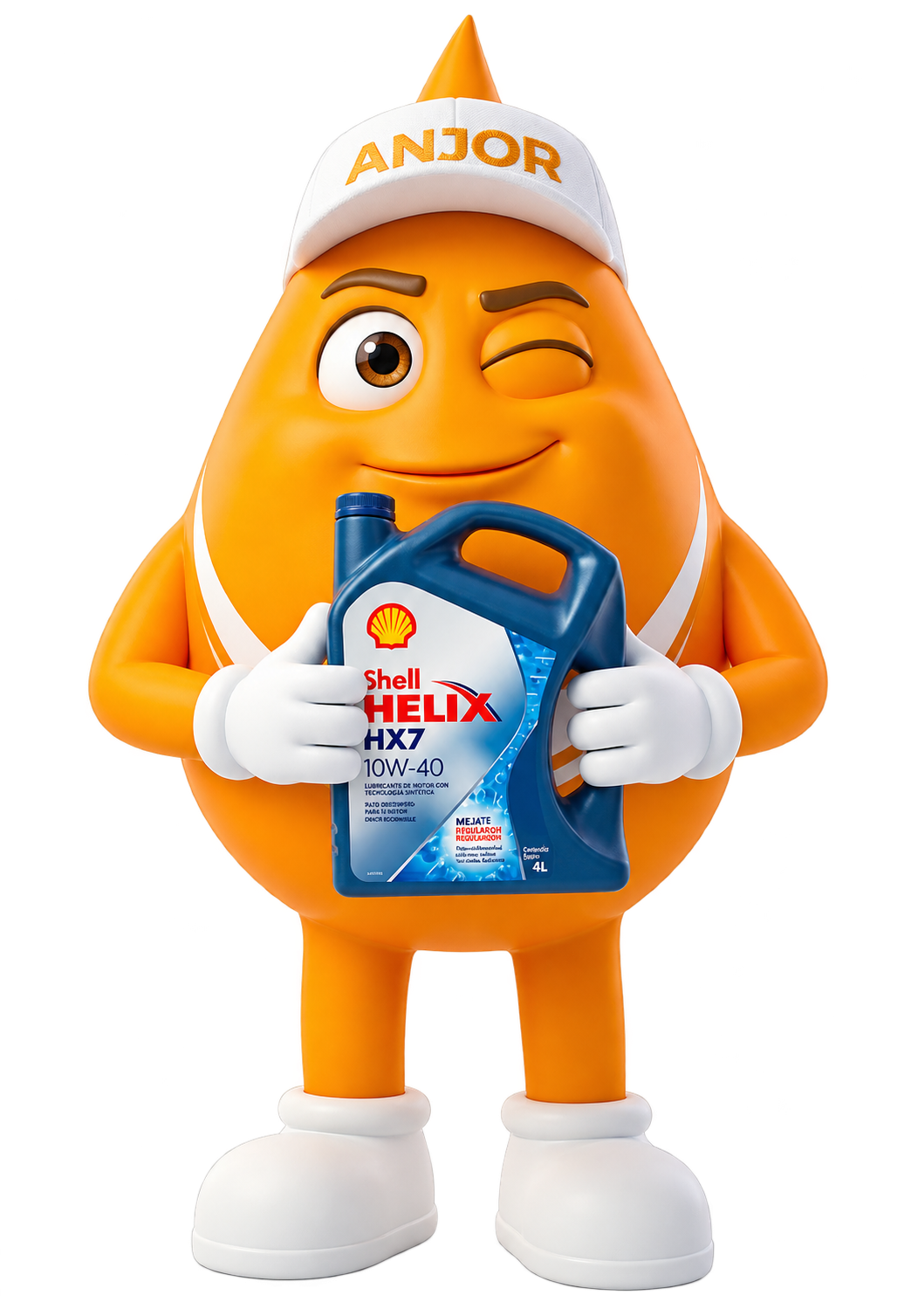 Anjorito con un envase de aceite Shell Helix